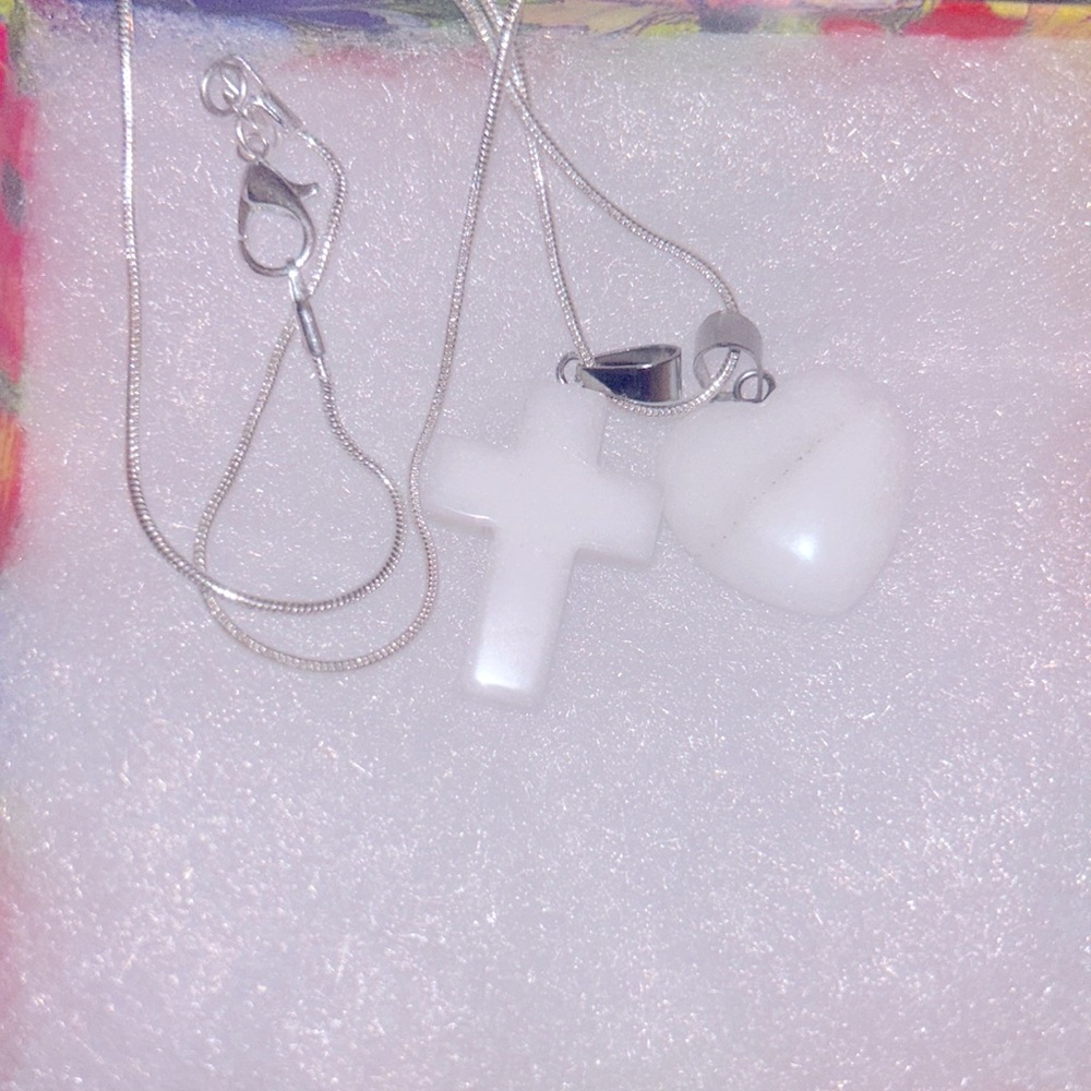 Boho hippie Milky Quartz Crystal Cross and heart Sterling Silver 16” Nec…